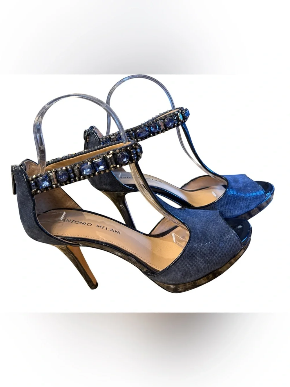 ANTONIO MELANI Navy Blue T-Strap Jeweled 4”  Heels Womens Size 8 Leather Sole